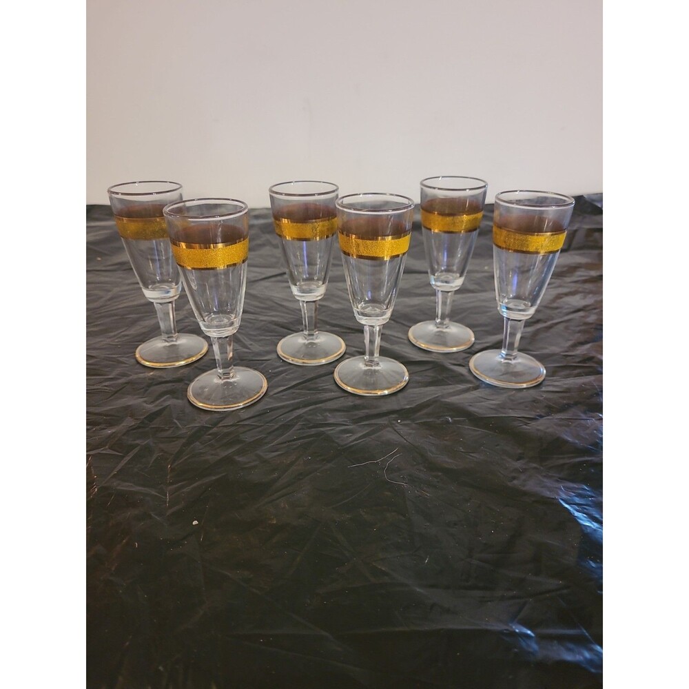 6 Vintage Double Gold Band Encrusted 4.75"  Cordial Fluted Glasses Unique